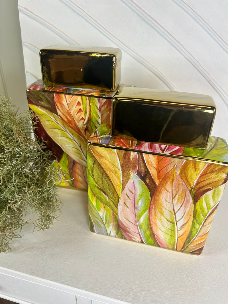 Green leaves ceramic lidded ginger jar 2 sizes