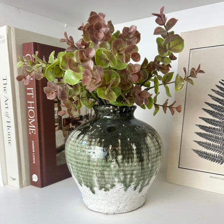 Green Dipped Stone Crackle Squat Vase