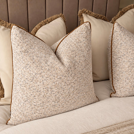 Nicoo natural caramel brown taupe textured piped edge cushion 56cm