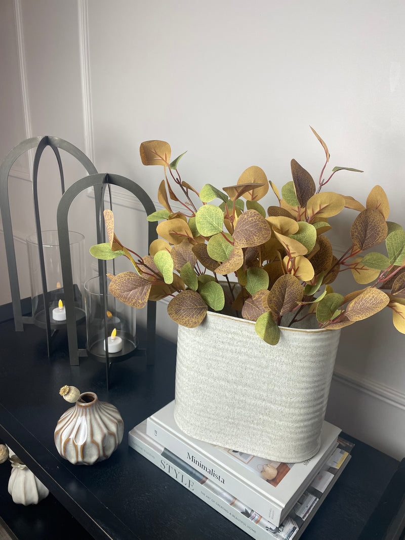 Oval ribbed slim neutral taupe vase