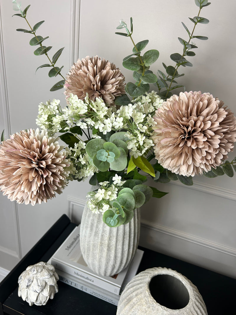 Pink allium Charlotte and eucalyptus arrangement