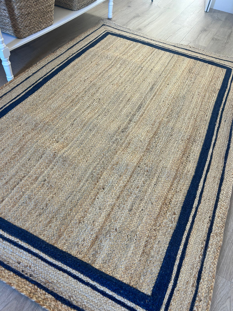 Rectangular Natural with Navy Border Woven seagrass Hemp Rug mat