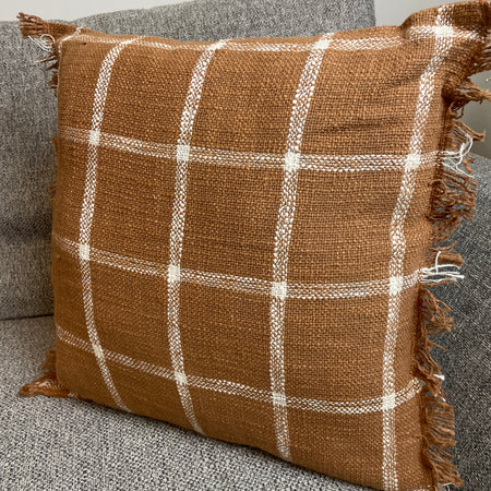 Ginger rust orange Natural Checked Linen Fringed Cushion