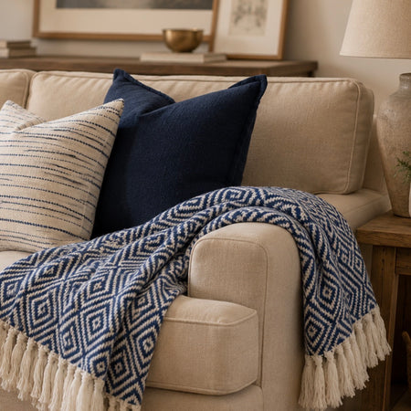 Navy Blue Diamond Pattern Woven Throw 130x180cm