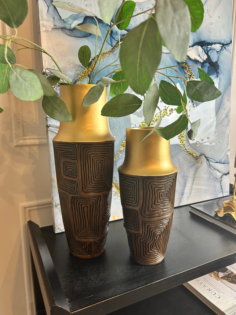 Dark wood look brown and gold textured vase 2 sizes