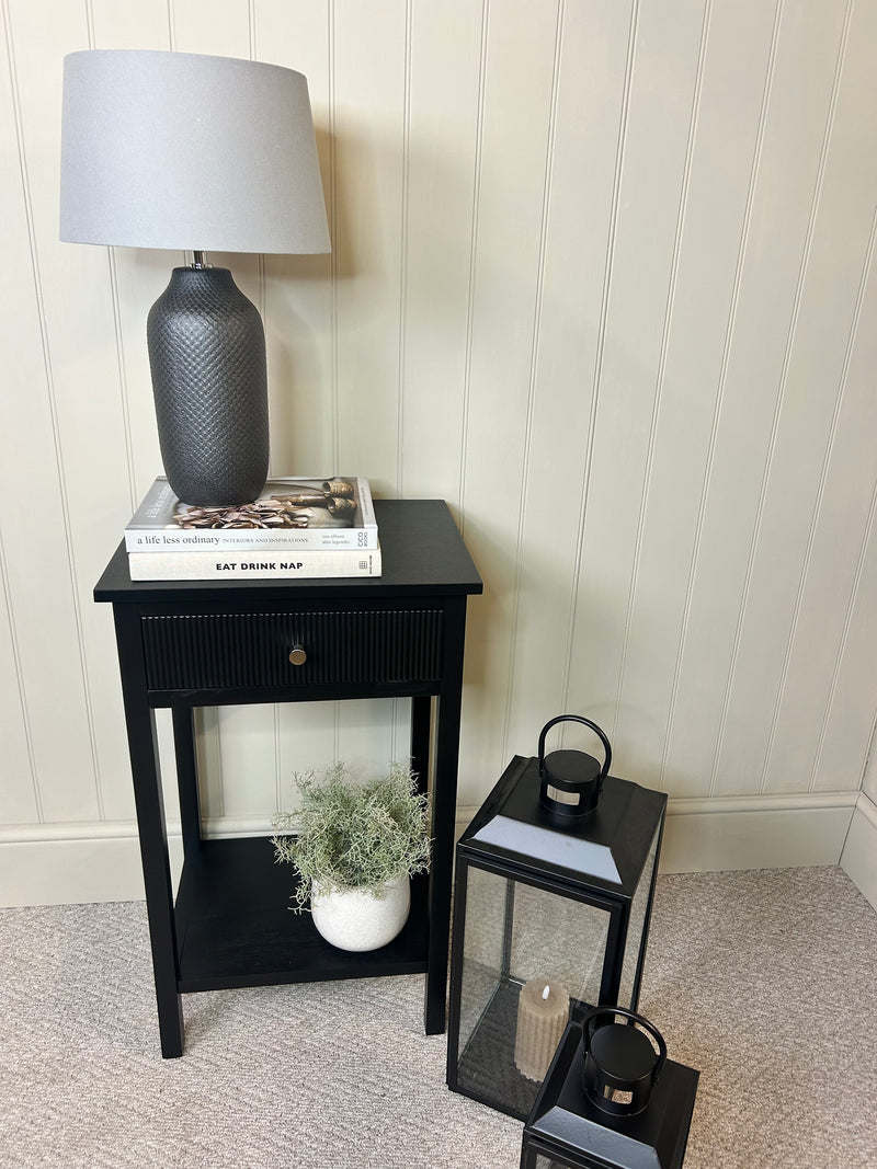 Black lindon ribbed bedside side table with shelf