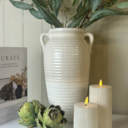 Two tone cream and white ribbed tall vase