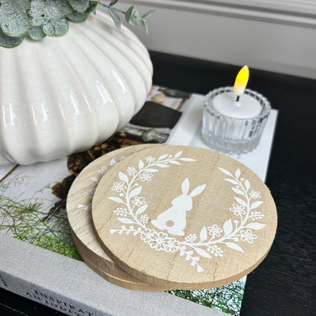 Set of 4 Round Wooden Easter Bunny Coasters