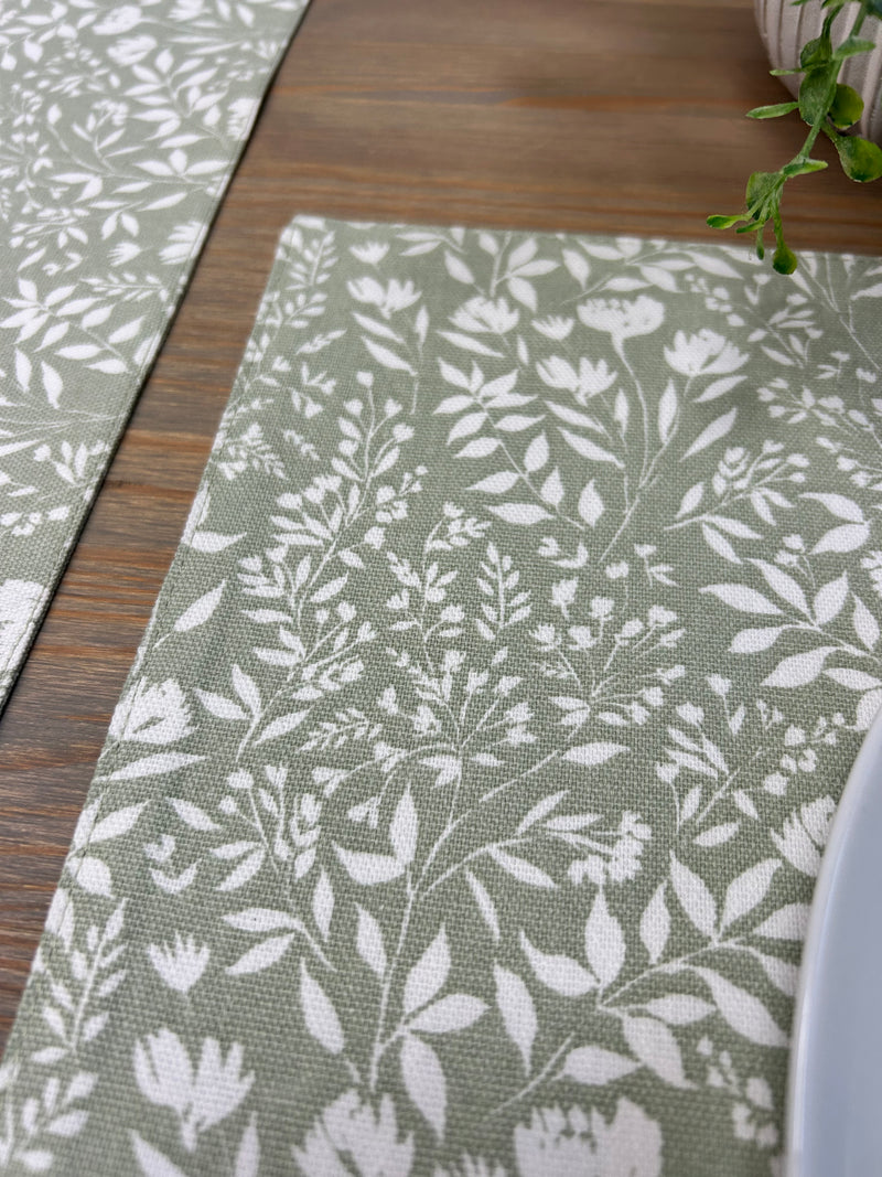 Set of 4 sage green floral cotton placemats and linen cotton napkins