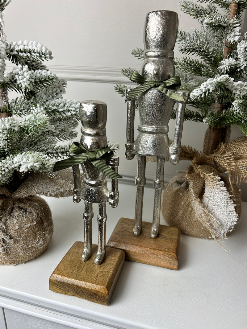 Silver Nutcracker Figures on Wood Base 2 Sizes Available