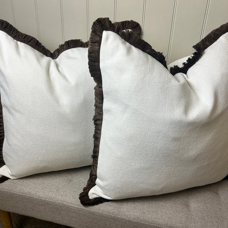 Large Ivory white boucle weave with Chocolate Brown Trim Edge Hugo Cushion 56cm