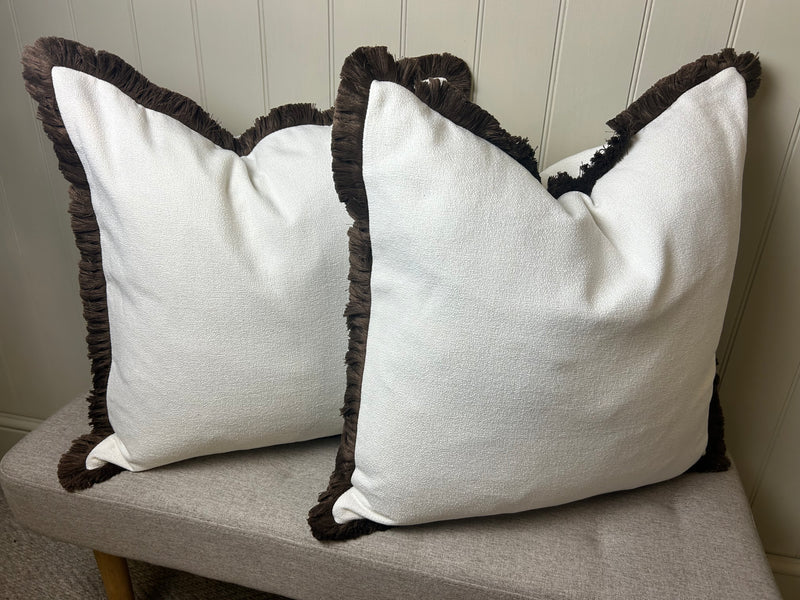 Large Ivory white boucle weave with Chocolate Brown Trim Edge Hugo Cushion 56cm