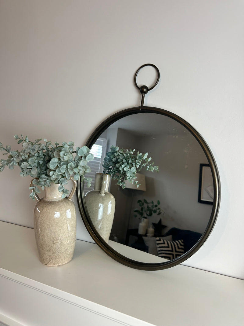 Large dark bronze round mirror with fob top