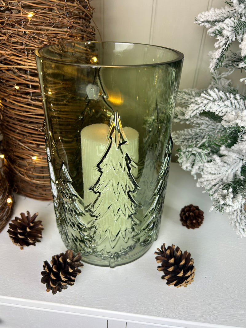 Large glass Green tree Forest Candle Holder embossed