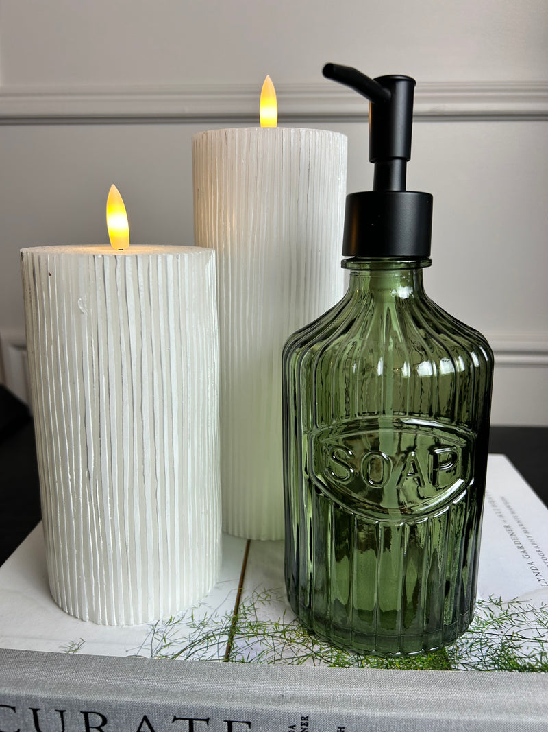 Glass Ribbed Soap Dispenser With Black Pump green and clear