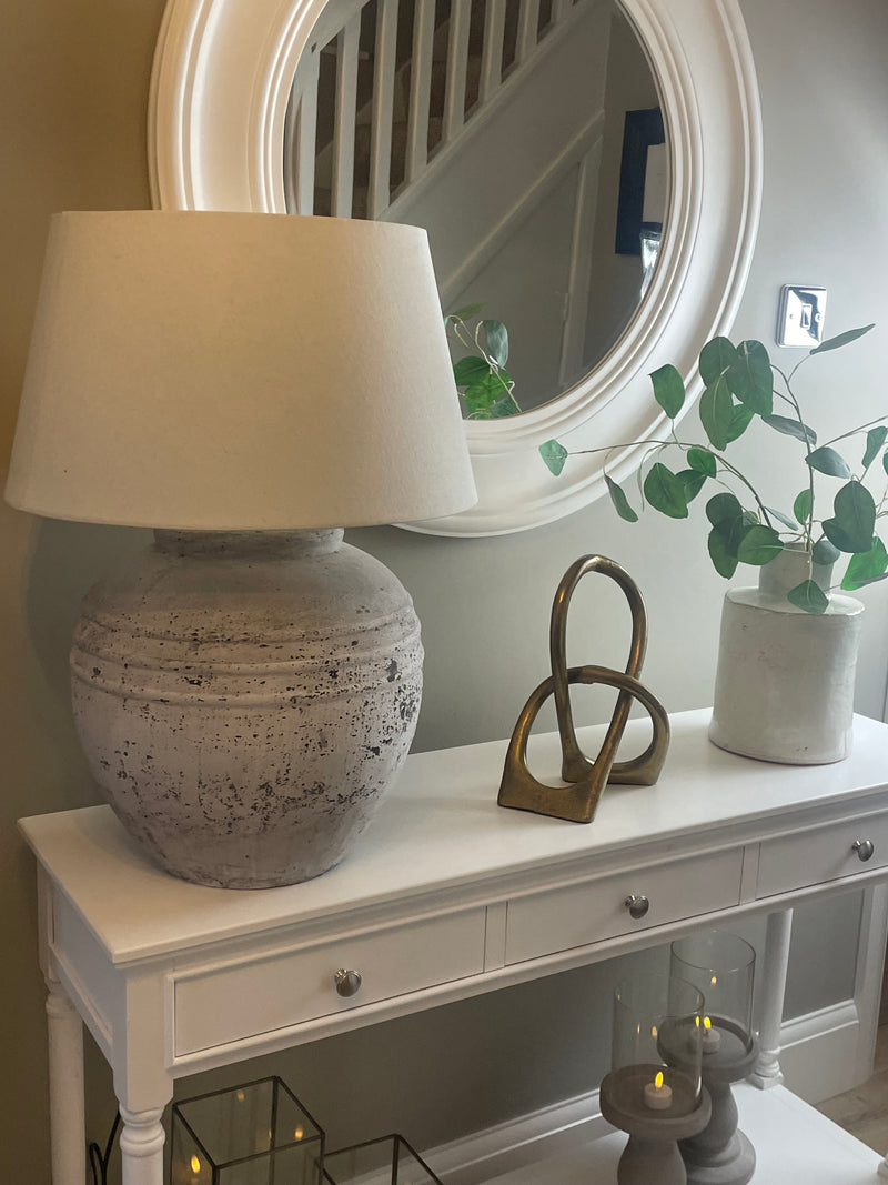 Large Distressed stone Terracotta Table Lamp with natural Linen Shade