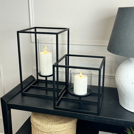 Framed windlight black metal candle holder 2 sizes