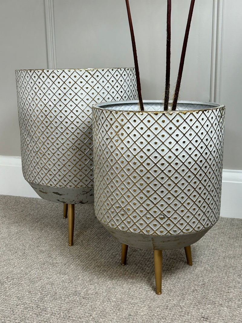 White and gold textured metal floor planter 2 sizes