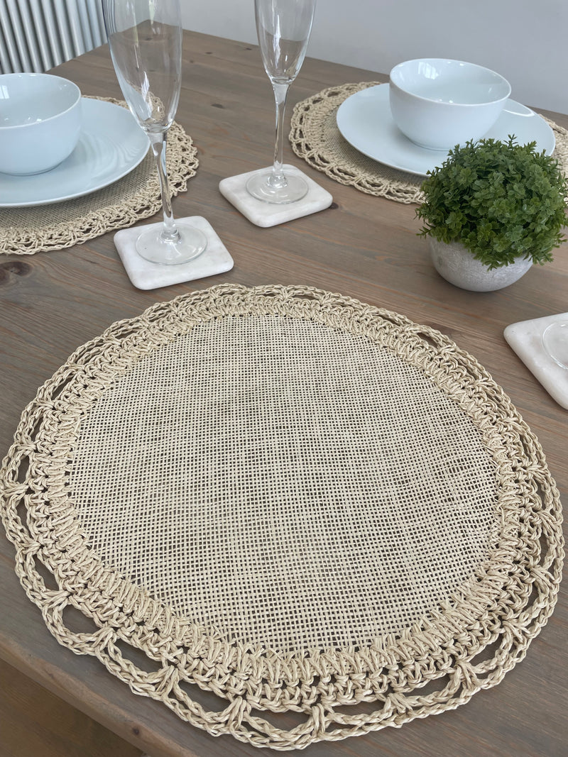 Set of 4 natural linen and crochet placemats