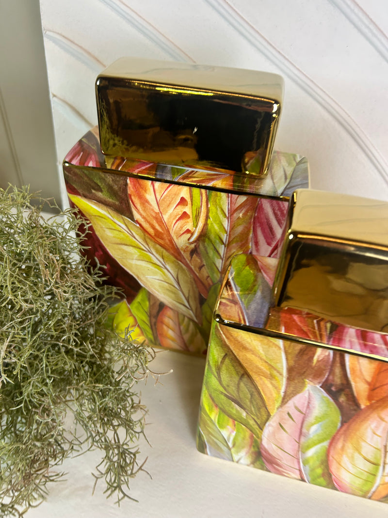 Green leaves ceramic lidded ginger jar 2 sizes