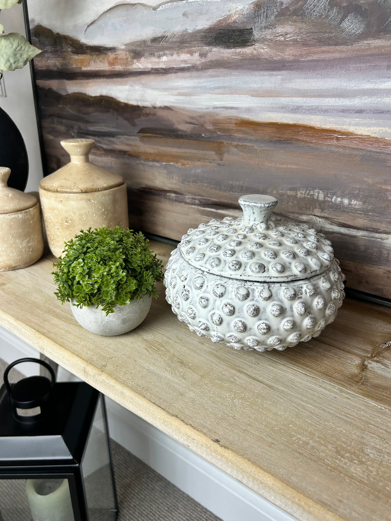 Bobble lidded rustic ceramic jar off white