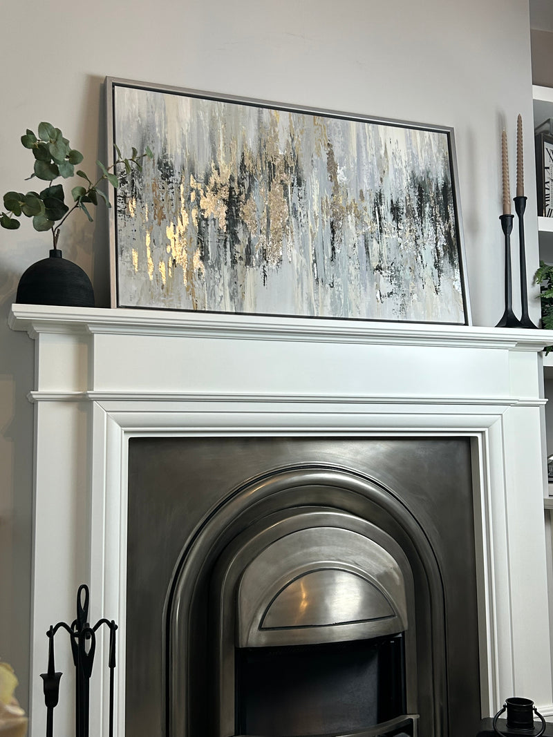 Dripping silver abstract framed canvas by Tom Reeves 60x96