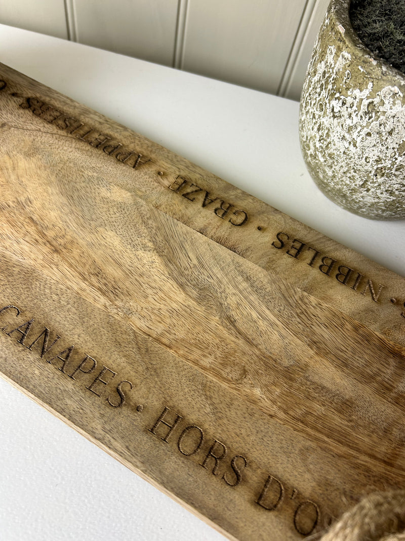 Mango wood etched canopy grazing board large 70x18