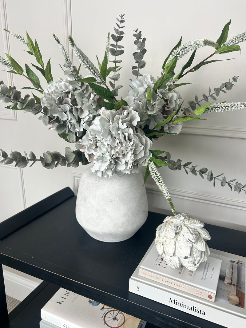 Bouquet arrangement grey/taupe hydrangeas white Veronica eucalyptus bunch.