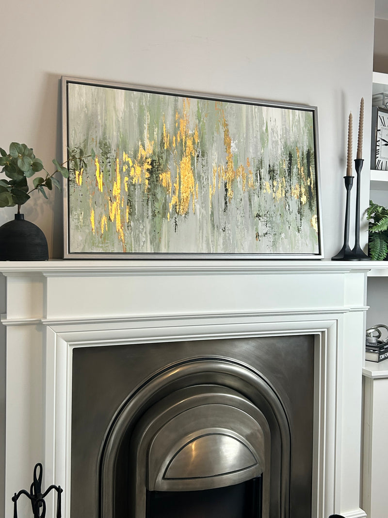 Dripping moss green and gold by Tom Reeves abstract framed canvas 60x96cm