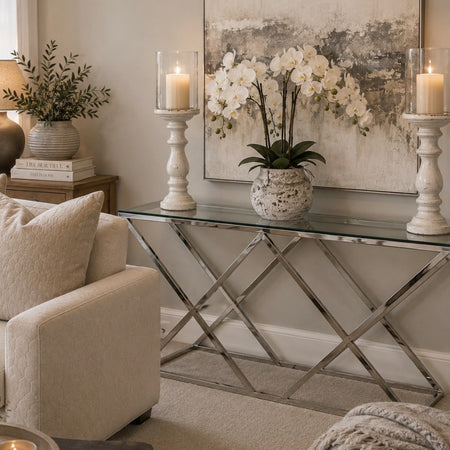 Imperia stainless steel silver metal & glass console Ex Display