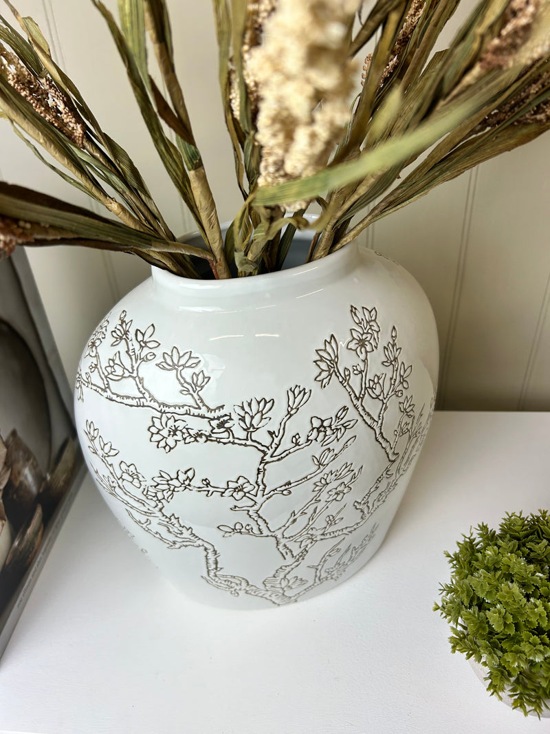 Ceramic white vase with blossom print brown