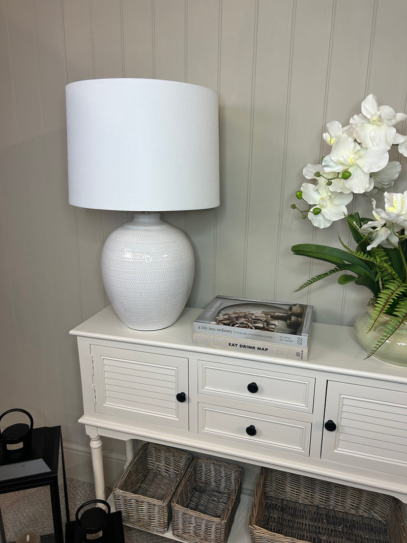 White console cupboard table with shelf