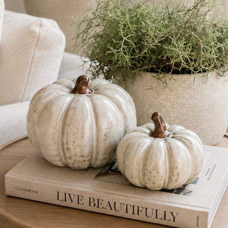 Rustic off white ceramic autumn Halloween pumpkins 2 sizes
