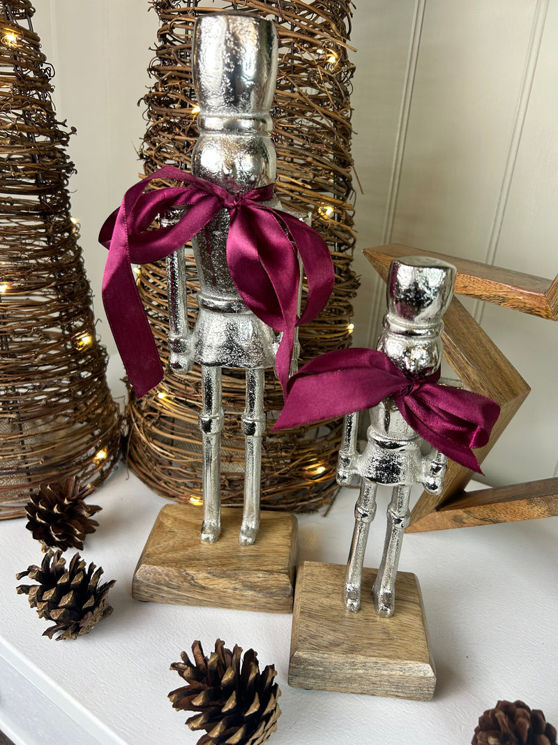 Silver Nutcracker Figures on Wood Base 2 Sizes Available