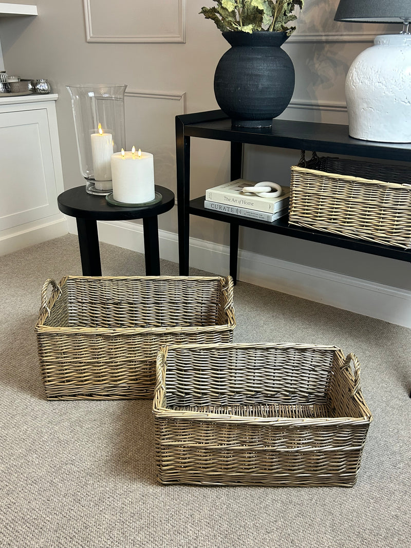 Rectangular grey wash wicker woven basket 3 sizes