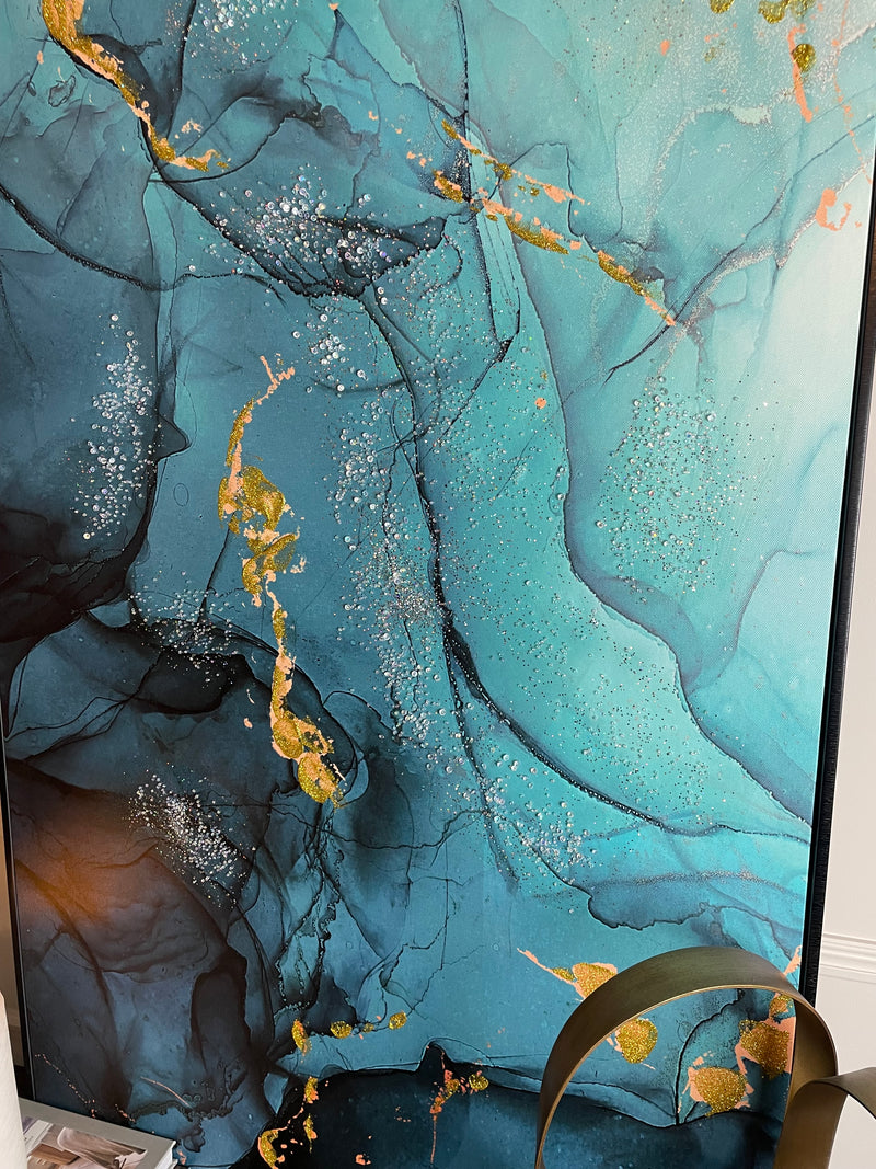 Framed Teal Blue and Gold Abstract Canvas 62cm x 122cm