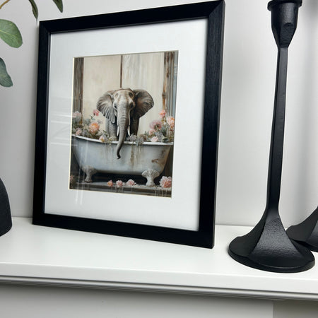 Bathroom joy elephant framed print 30x34cm