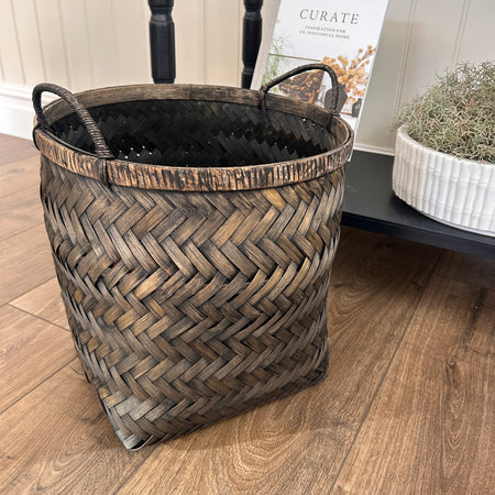 Distressed Bamboo dark weave brown Basket With Handles