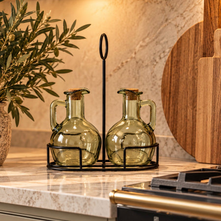 Set of two oil bottles in metal caddy holder