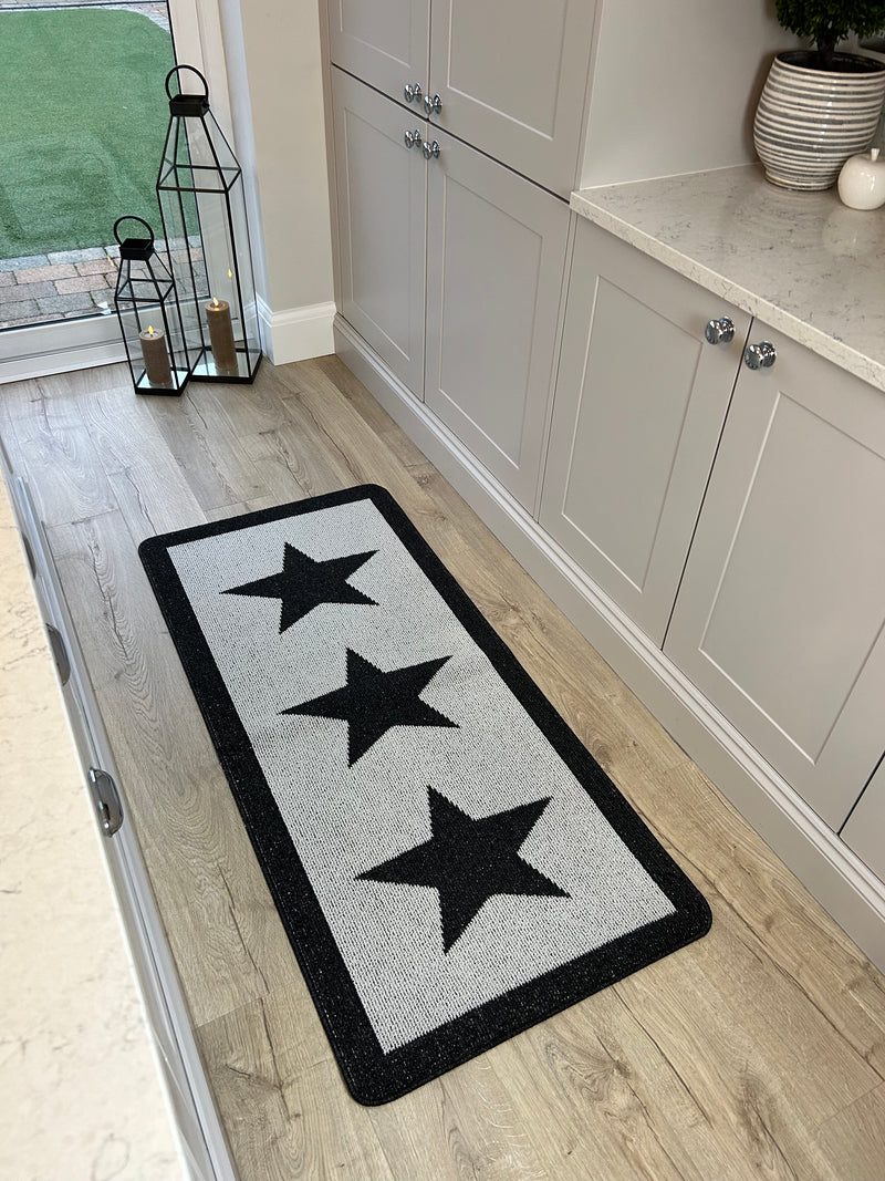 Charcoal Star Door washable mat rug Runner 67cm by 150cm and 67cm by 200cm