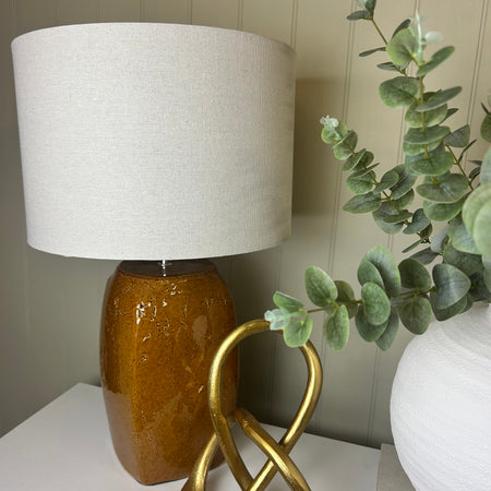 Russet rust chunky ceramic lamp with linen white shade