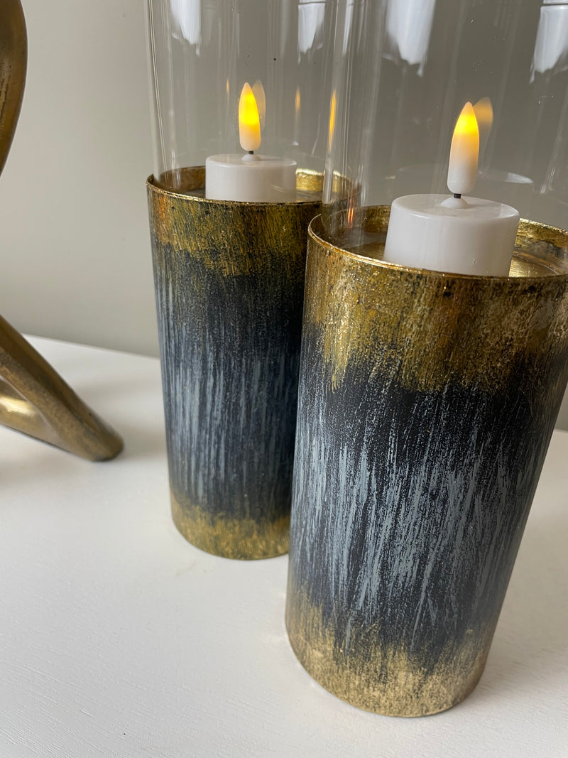 Pair of Distressed Gold & Blue Tall Candle Holder