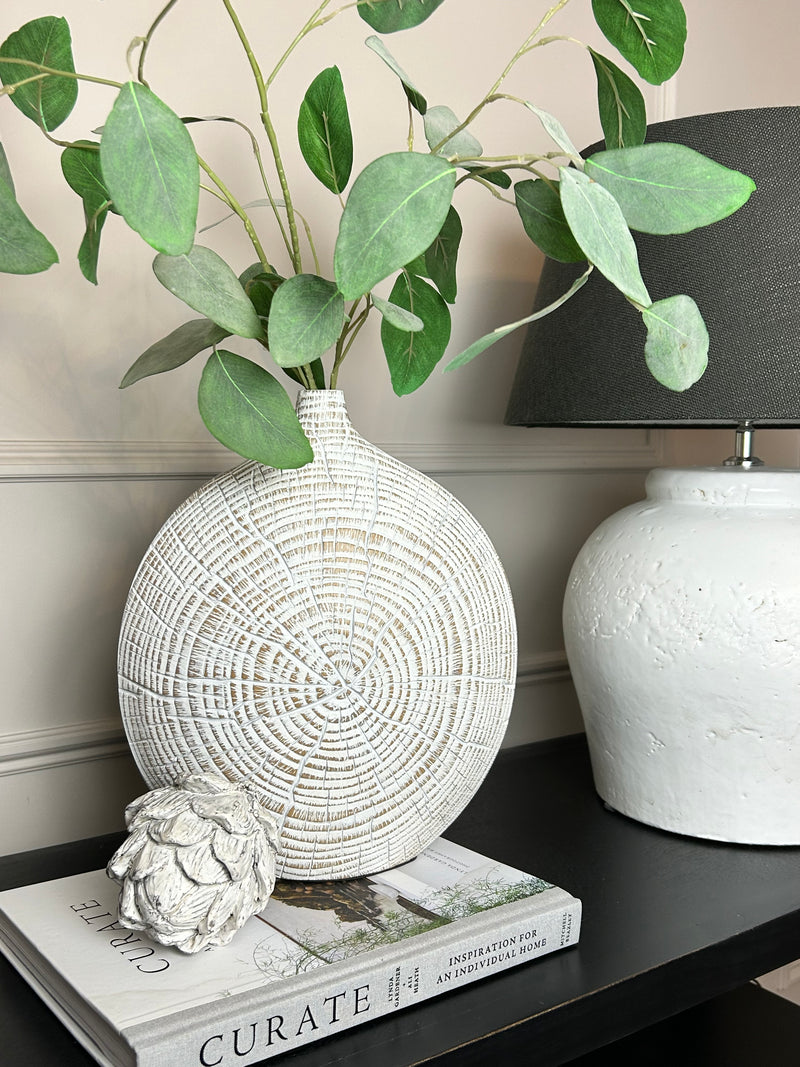 Brown and white textured wood look round vase