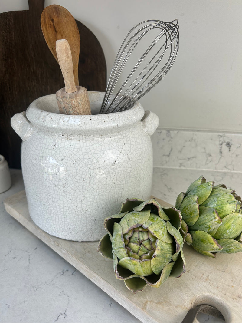 Ravello large chunky crackle glaze pot with handles off white utensils