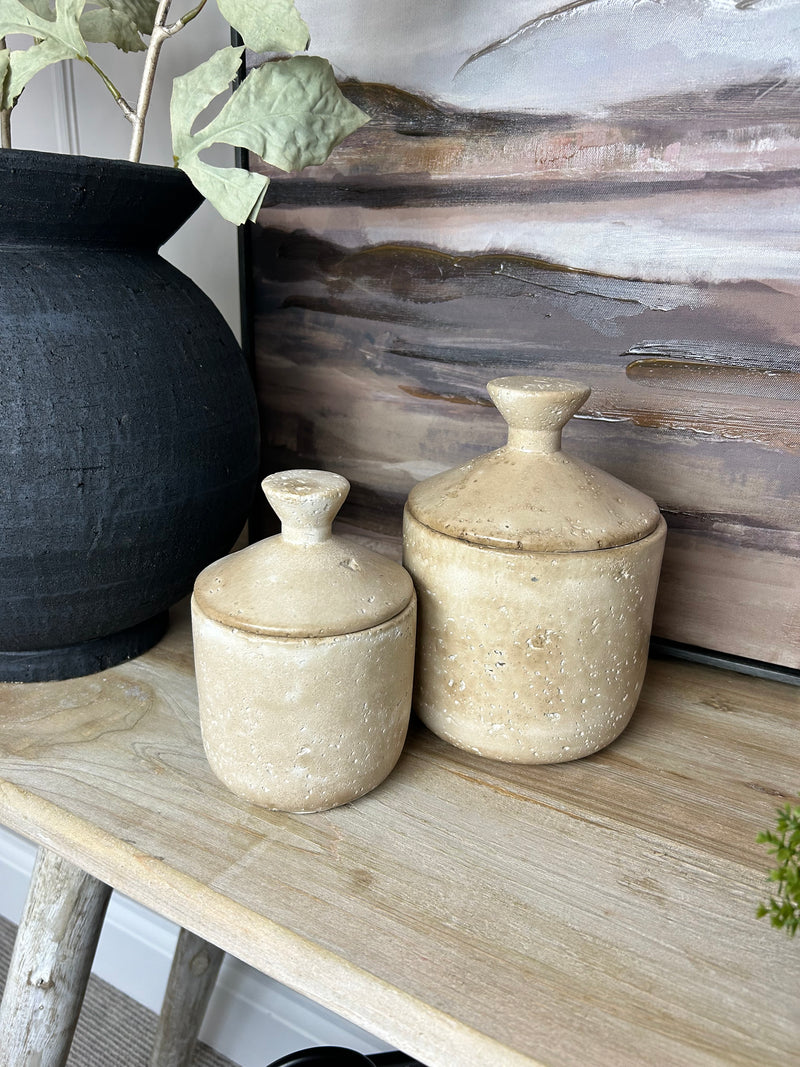 Taupe clay lidded jar pot 2 sizes
