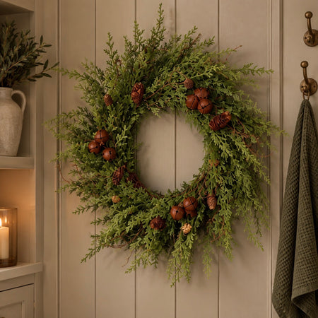 Lawson cypress realistic full brass brown bell wreath 55cm