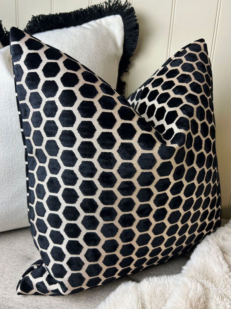 Black Natural printed textured Jorvik hex luxury cushion 43cm