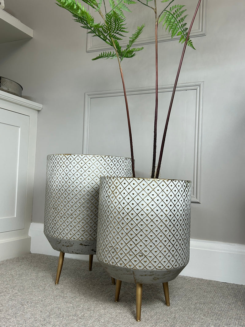 White and gold textured metal floor planter 2 sizes