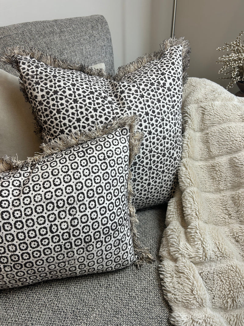Mocha brown beige printed tassel edge cushion feather filled 45cm