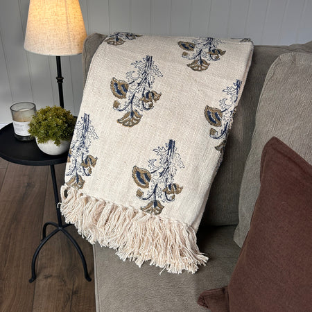 Natural beige blue and green floral print cushion 45cm and throw 130x150cm